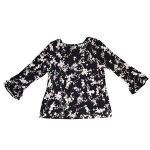 Karl Lagerfeld Blouse Womens L Cherry Blossom Stretch Knit Flutter Ruffle Sleeve